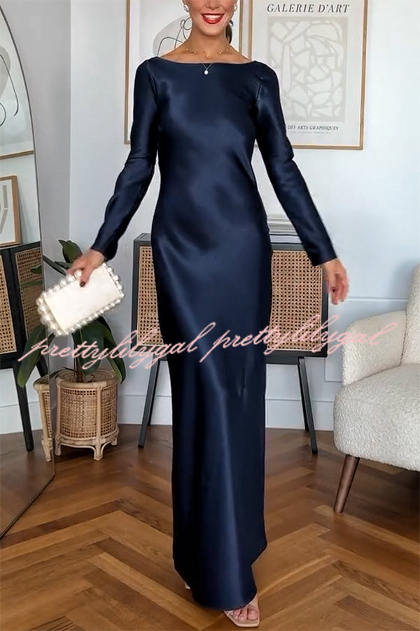 Eternal Event Satin Long Sleeve Cowl Back Slip Maxi Dress