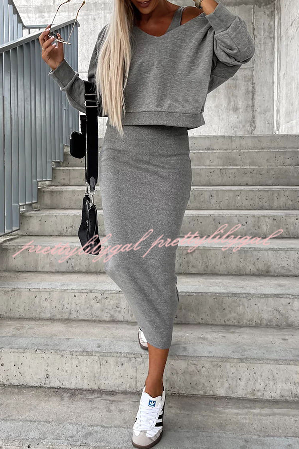 Around The World Hooded Sweatshirt and Slip Maxi Skirt Two Piece Set