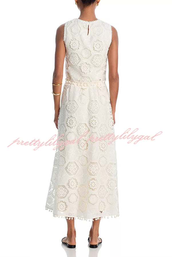 Nice Try Embroidered Crochet Lace Tassle Trim Elastic Waist Midi Skirt