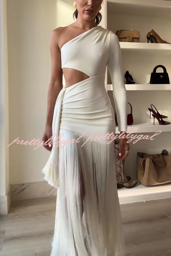 Amazing Type One Shoulder Cutout Drape Tassle Trim Stretch Maxi Dress