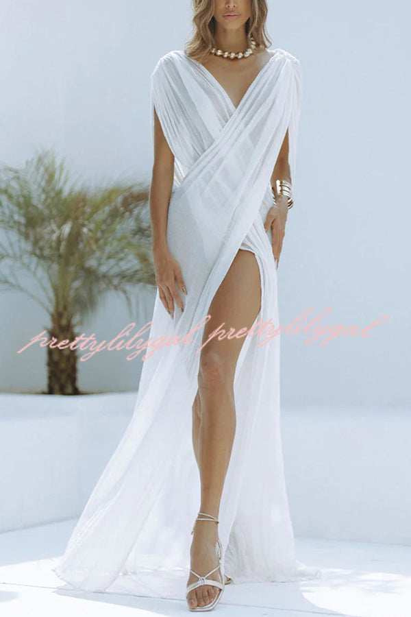 Enjoy Your Vacation Linen Blend Ruched Shoulder Drape Loose Cover Up Maxi Dress