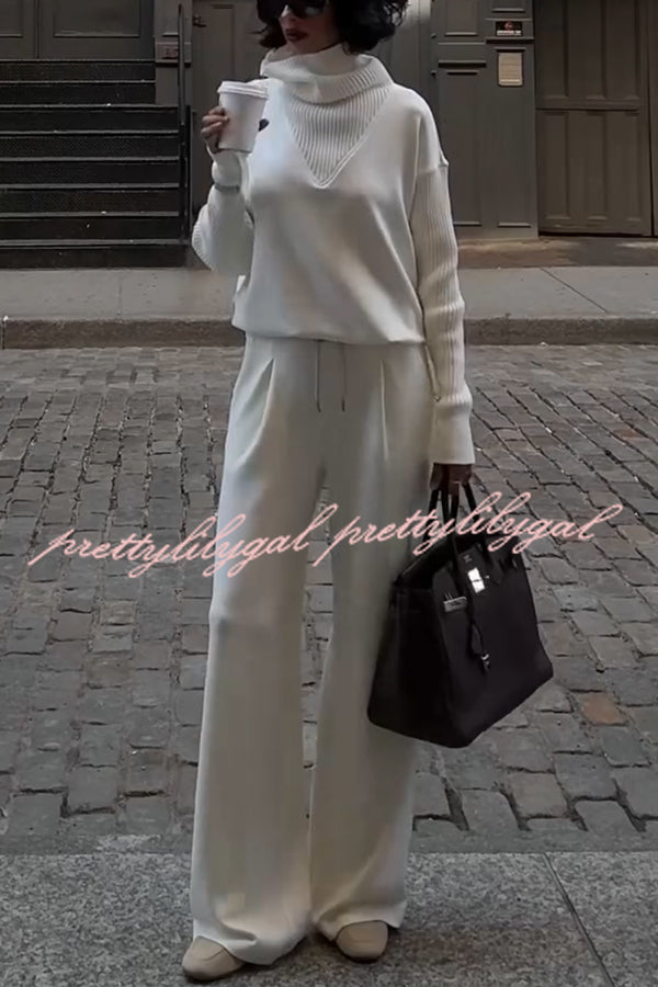 Morning Coffee Walks Ribbed Turtleneck Long Sleeve Sweatshirt and Elastic Waist Pocketed Loose Pants Set