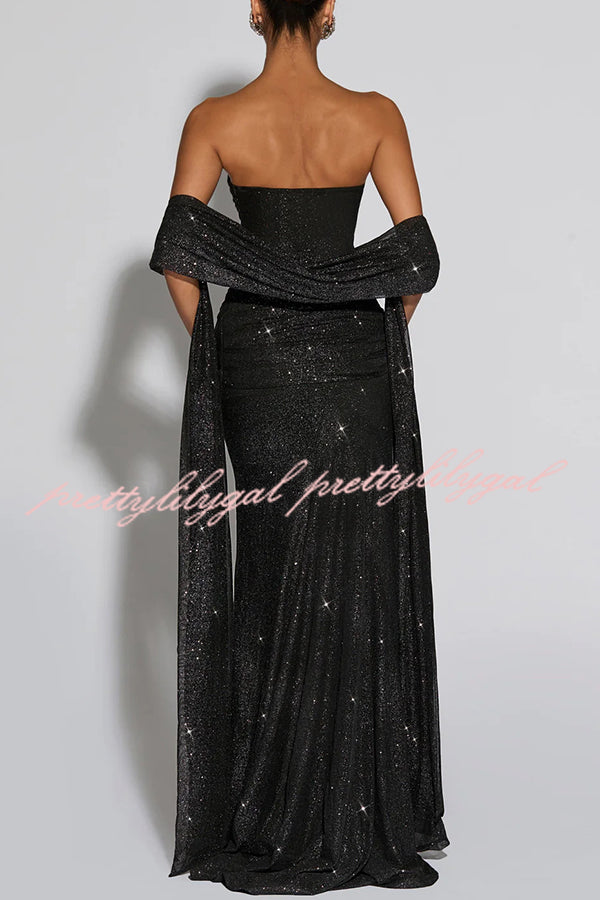 Paula Sequined Mesh and Jersey Off Shoulder Ruched Knot Drape Shawl Maxi Dress