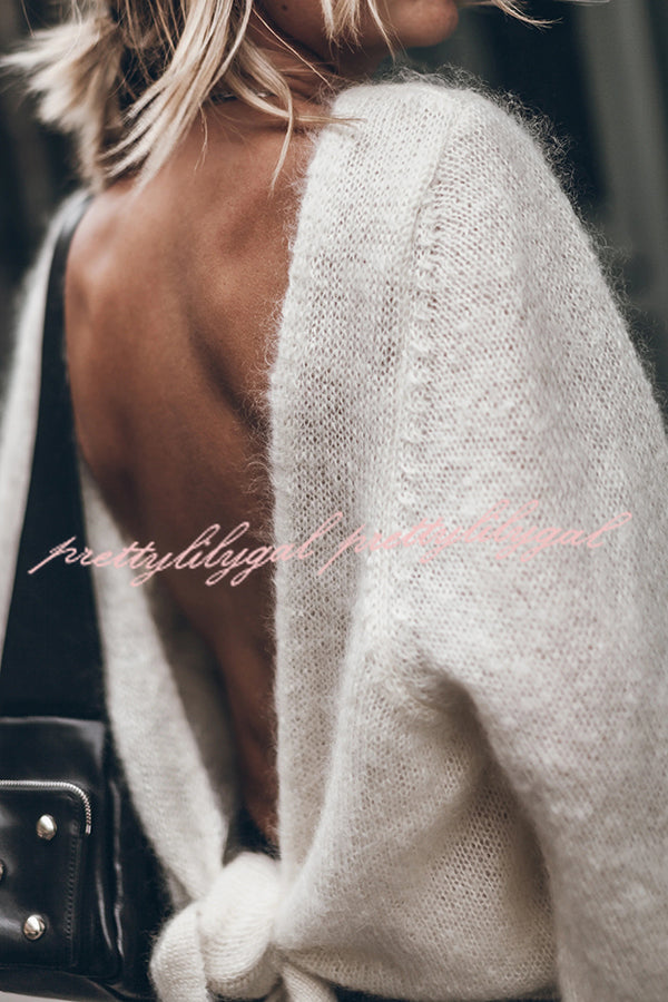 Chunky Season Knit Mohair-blend Long Sleeve Open Back Knot Design Loose Sweater