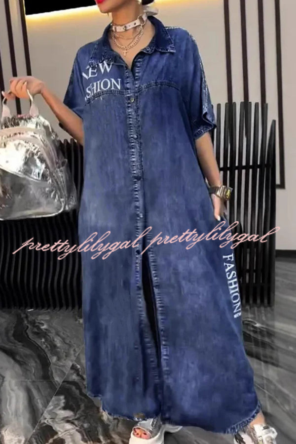 Fashion Letter Print Lapel Cardigan Loose Maxi Dress