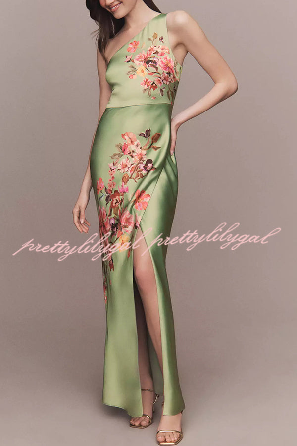 Wedding  Guest Satin Floral Print One Shoulder Side Slit Maxi Dress
