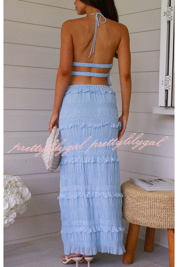 Feel Chic and Romantic Sequin Textured Material Back Elastic Halter Tie Tank and Drawstring Waist Tiered Maxi Skirt Set