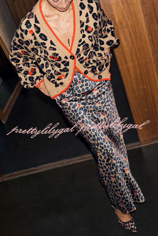 Perfect for Winter Leopard Cherry Print Knitted Button Long Sleeve Loose Cardigan