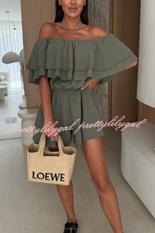 Solid Color Off-shoulder Ruffled Casual Waist Rompers