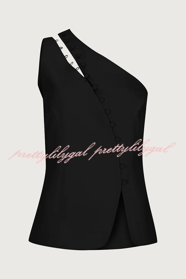 Full of Design Solid Color One Shoulder Asymmetric Slit Button Casual Vest