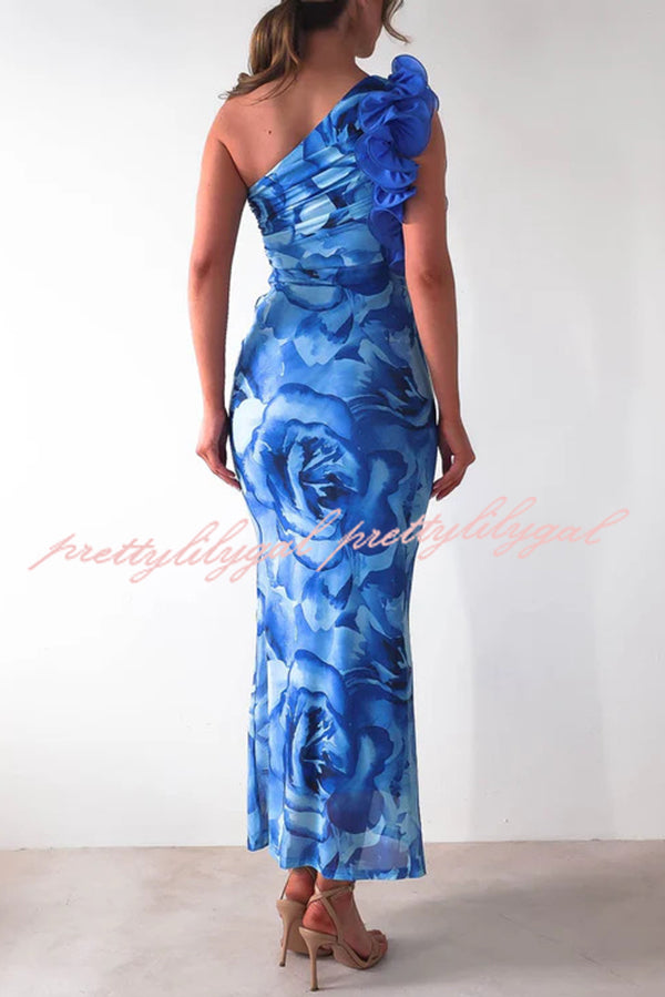 Floral Print Sleeveless 3D Flower One Shoulder Slim Maxi Dress