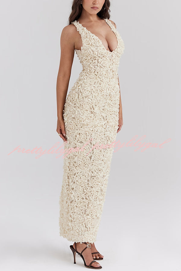 Three-dimensional Flower Sexy V-neck Slim Maxi Dress