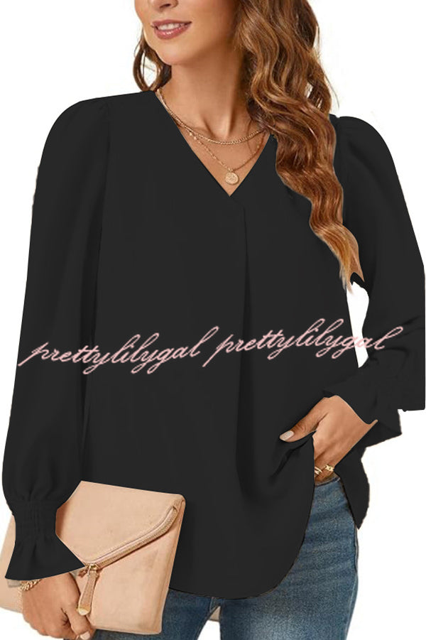 Solid Color V-neck Elastic Cuffs Long-sleeved Loose Top