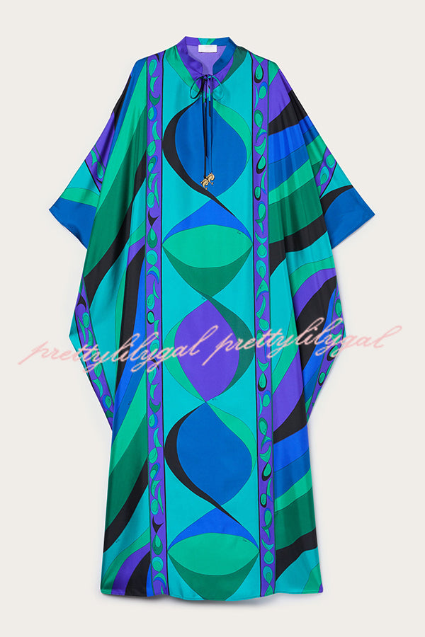 Holiday Choice Satin Unique Print Drape Wide Sleeve Loose Kaftan Maxi Dress