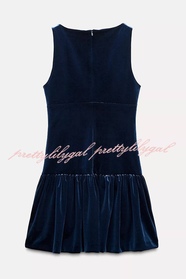 Solid Velvet Bow Embellished Sleeveless Mini Dress