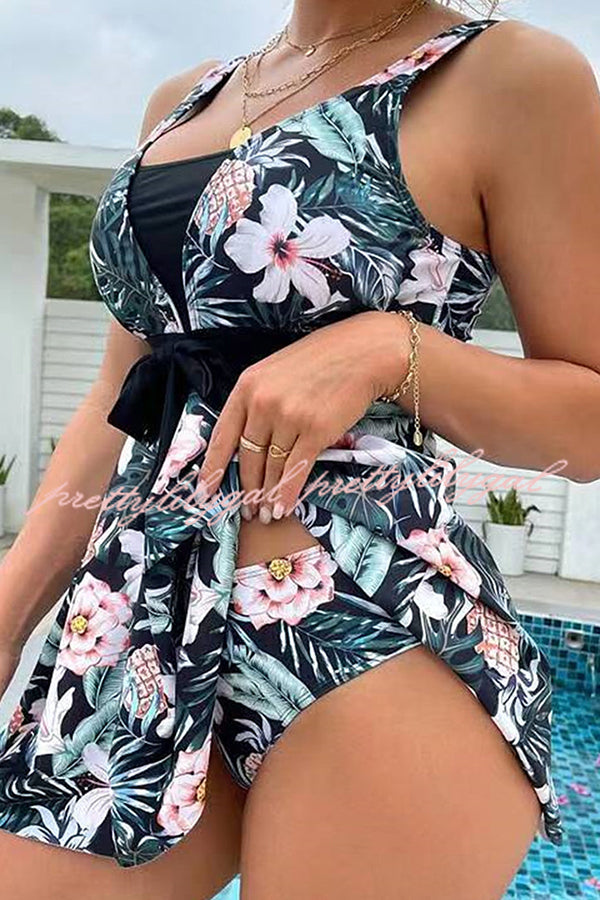 Cheerful Floral Print Bow Detail Tankini Swimsuit Set