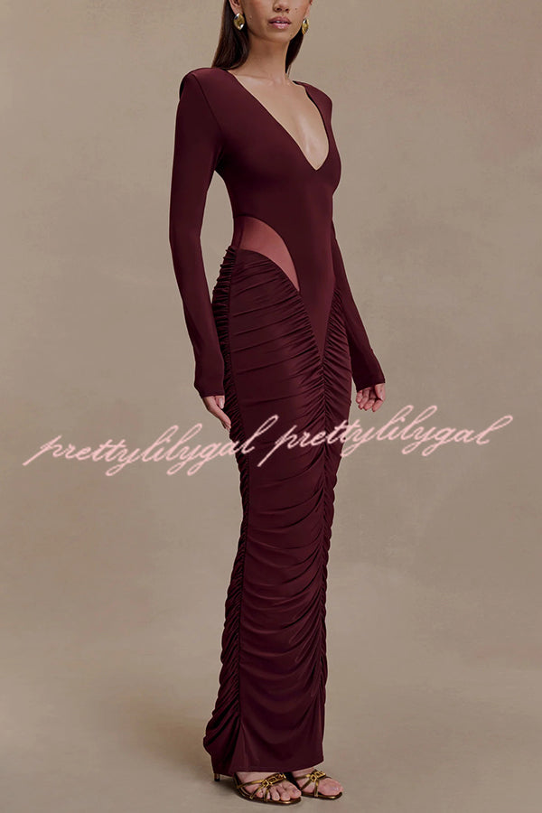 Sexy See-through Long-sleeved V-neck Pleated Slim-fit Maxi Dress