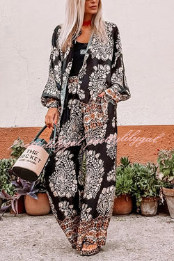 Unique Ethnic Print Loose Long-sleeved Shirt and Elastic Waist Pocket Straight Pants Set