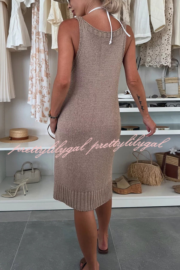 Solid Color V-Neck Sleeveless Casual Pocket Knitted Midi Dress
