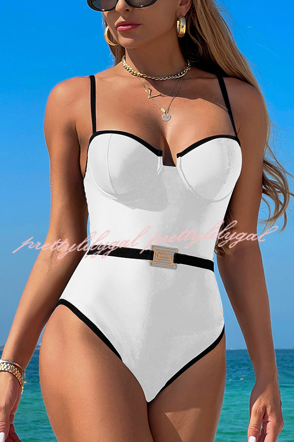 Fashionable Contrast-color Overlock Stretch One-piece Swimsuit