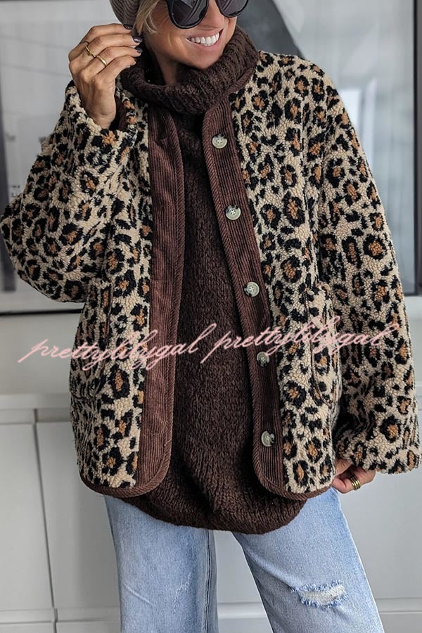 Warm Feel Colorblock Leopard Print Plush Button Up Pocketed Teddy Jacket