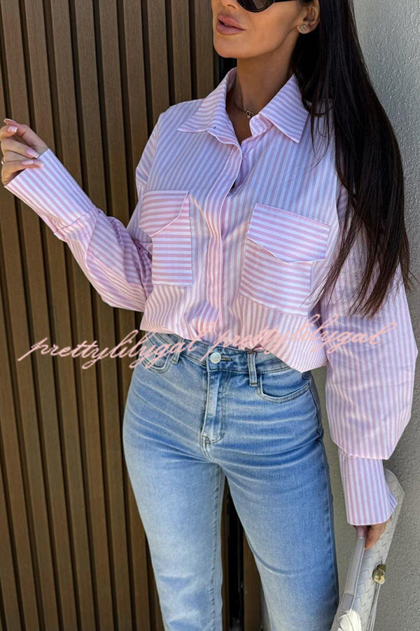 Stripe Print Lapel Long Sleeve Pocket Casual Shirt