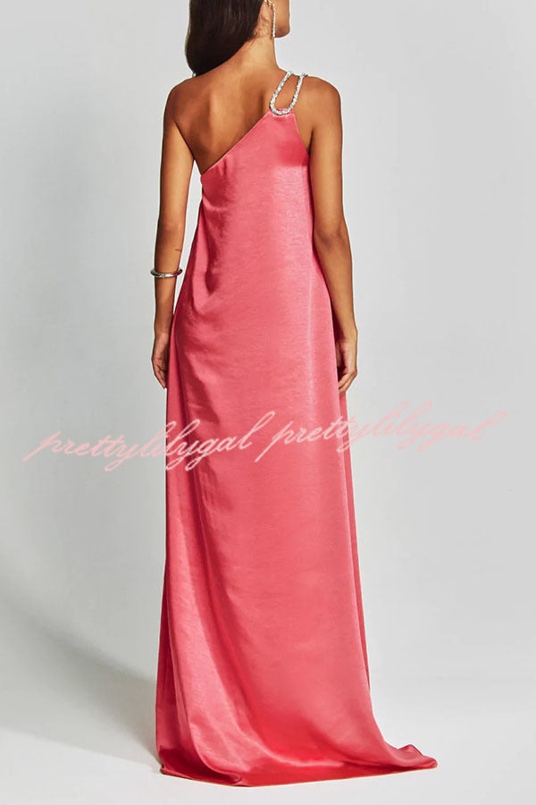 Charming Glance Satin Metal Hardware One Shoulder Loose Maxi Dress