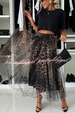 Autumn Jungle Tulle Leopard Print Elastic Waist A-line Maxi Skirt