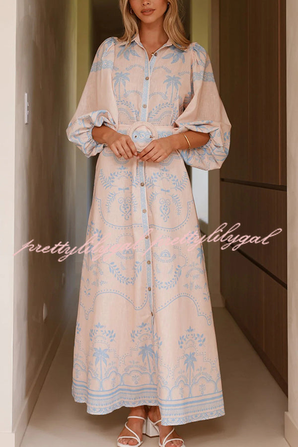 Linen Blend Lapel Puff Sleeve Casual Waist Belted Maxi Dress