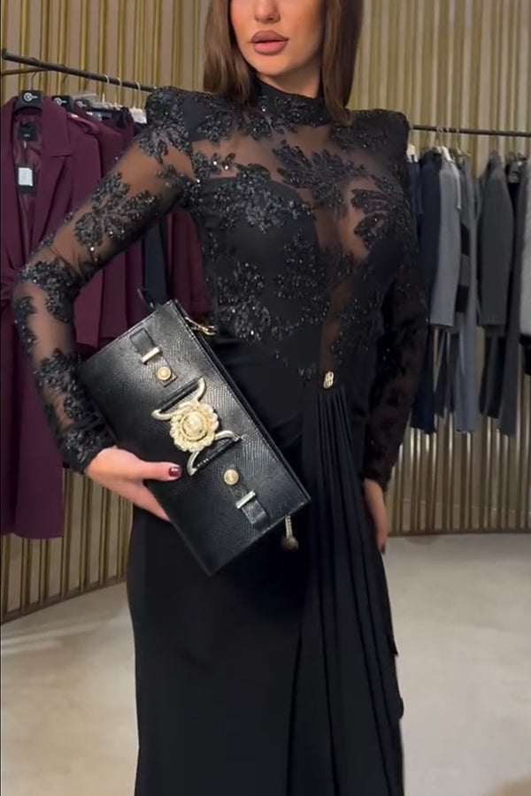 Fenna Sheer Floral Sequin Shoulder Pads Long Sleeve Drape Slit Maxi Dress