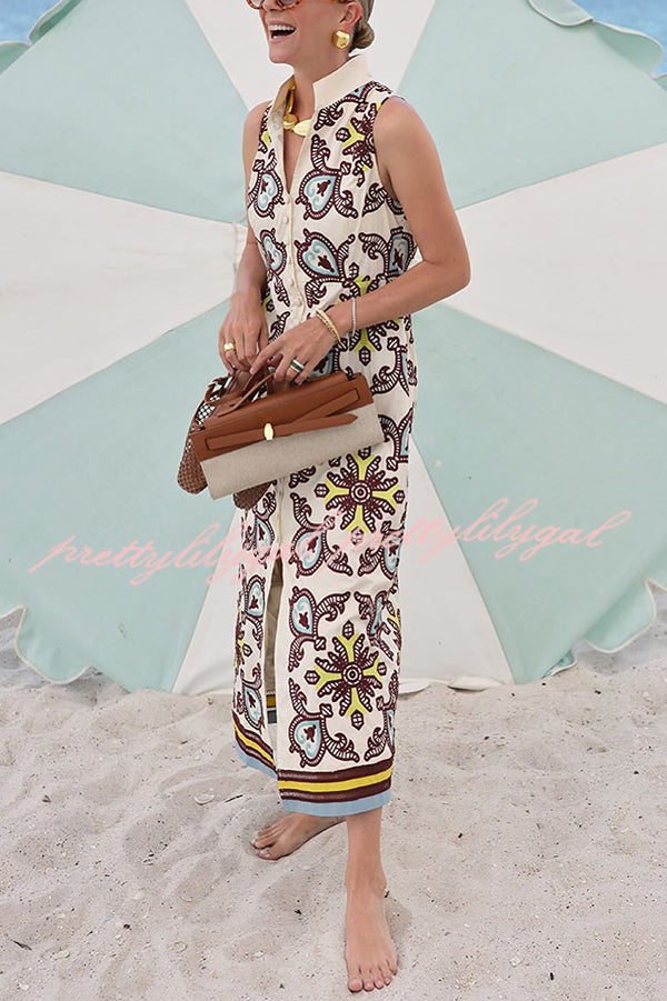 Unique Print Sleeveless Button Resort Midi Dress