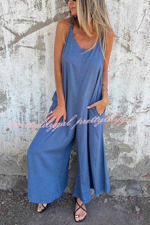 Linen Blend Solid Color Suspenders Loose Pockets Casual Wide-leg Jumpsuit