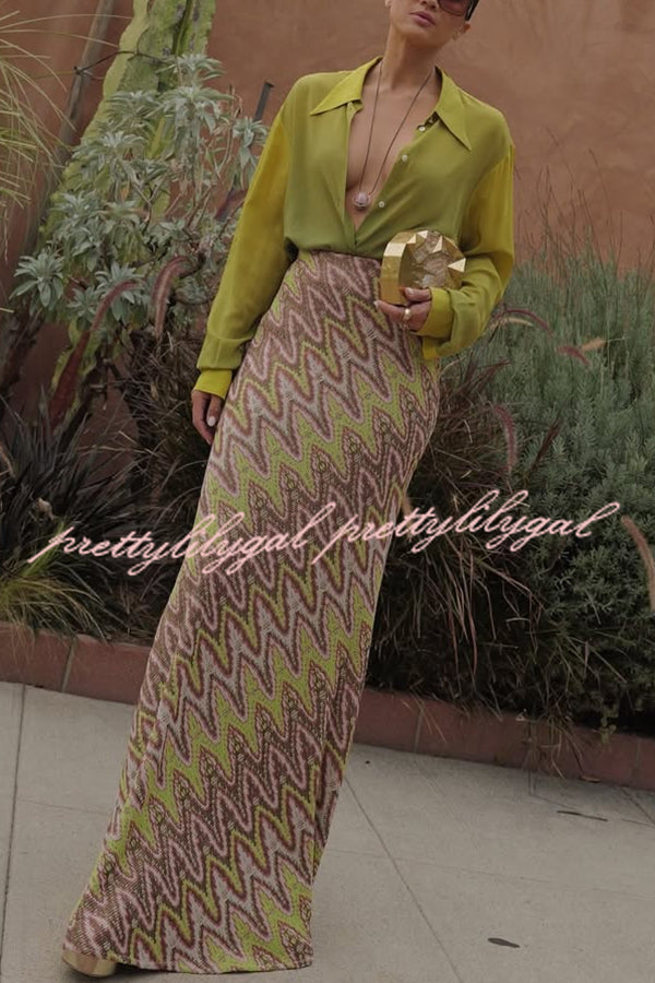 Moonlit Waltz Knit Jacquard Zigzag Print High Rise Stretch Flare Maxi Skirt
