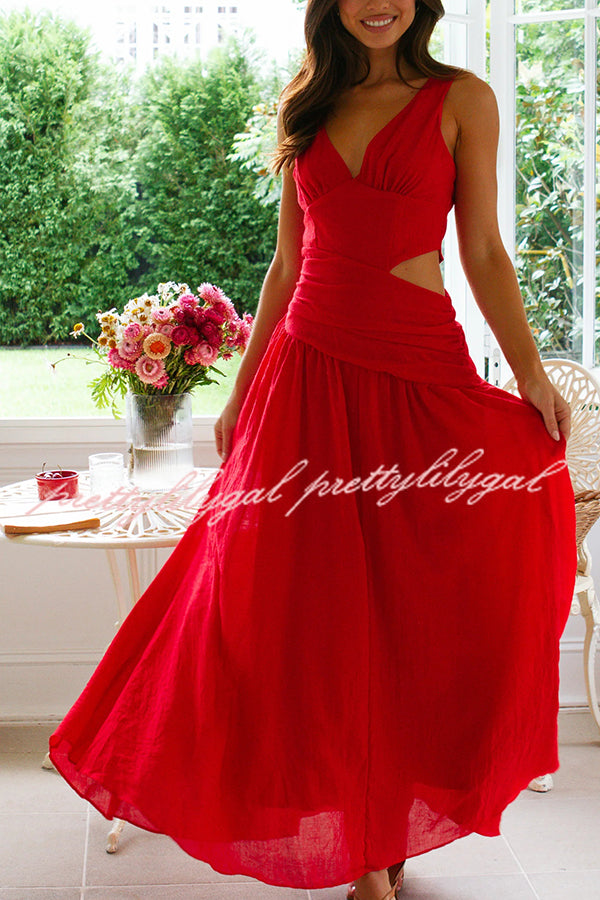 Solid Color V-neck Waist Hollow Slim Maxi Dress