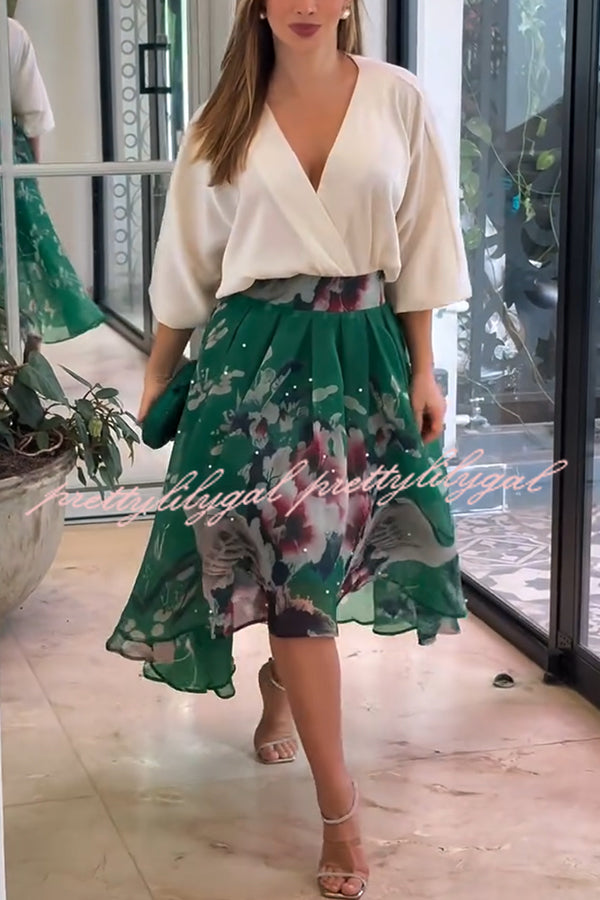 Tessy Batwing Sleeve Top and Floral Elastic Waist Pearls Detail High Low Midi Skirt Set