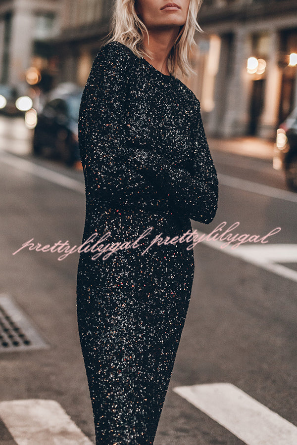 Ignite Sparkly Nights Sequin Extra Long Sleeve Open Back Loose Midi Dress