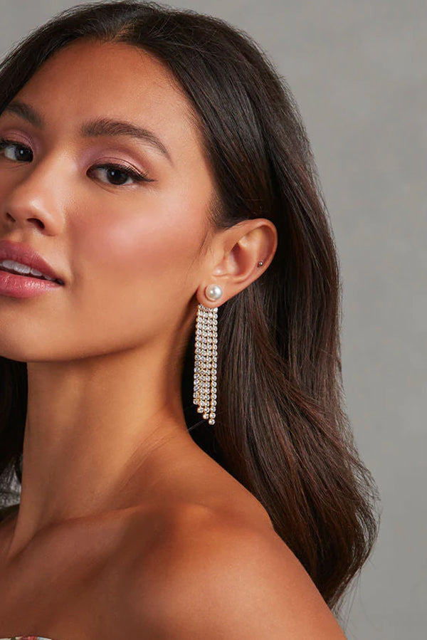 Pearl Party Rhinestone Drop Tassel Earrings