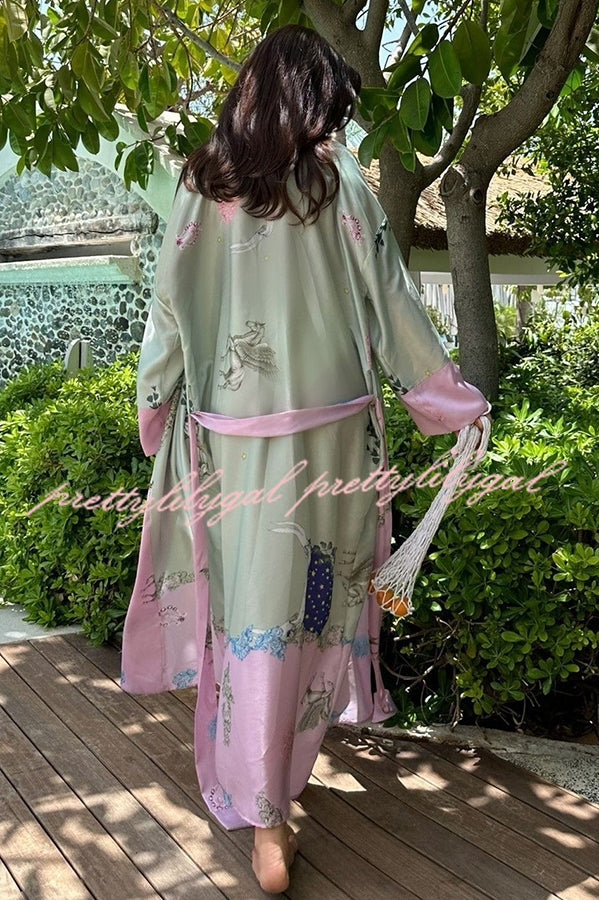 Karty Satin Unique Print Long Sleeve Belt Lapel Kimono Cover-ups