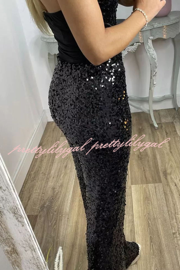 Glitzy Glamour Sequin High Rise Elastic Waist Wide Leg Pants