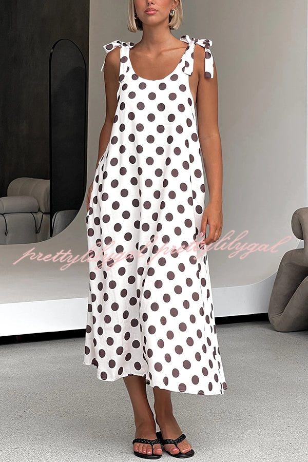 Polka Dot Print Suspenders Strappy Backless Loose Pocket Midi Dress