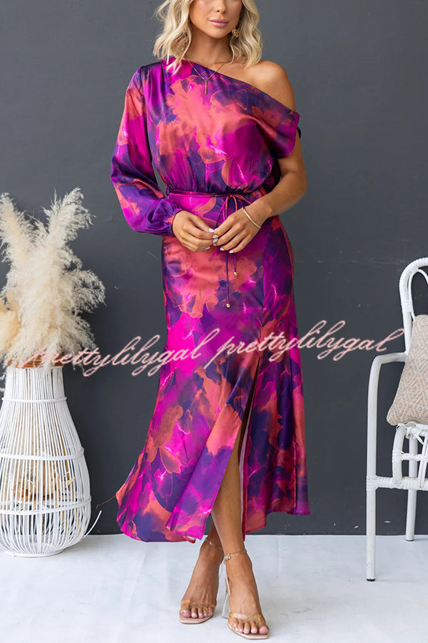 Winona Satin Floral Print One Shoulder Balloon Sleeve Tie-up Maxi Dress