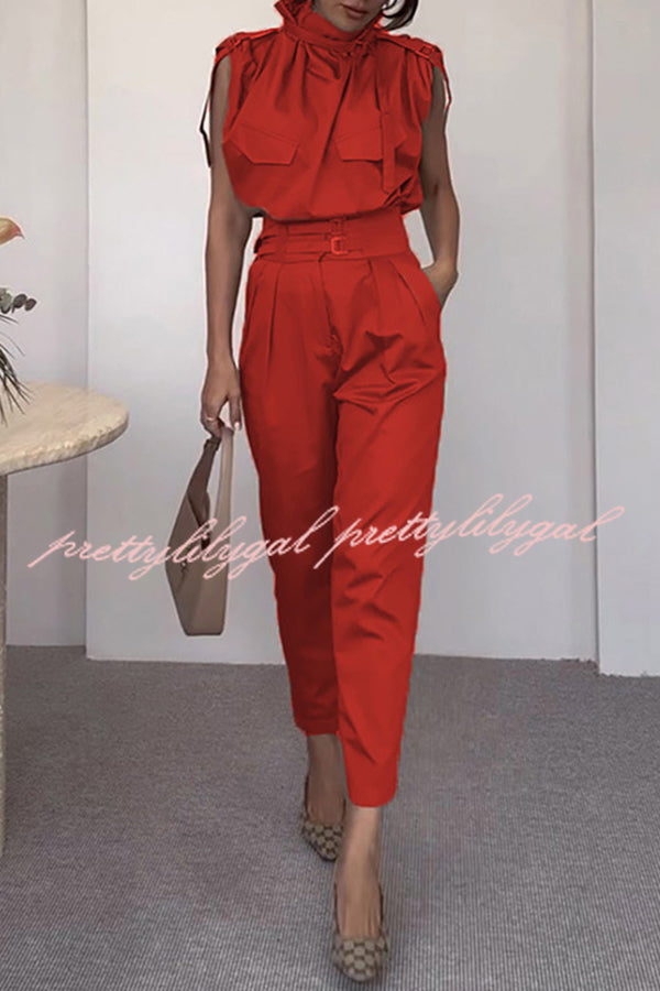 Statement Breast Pocket High Neck Top and Side Pocket Belt Long Pant Set