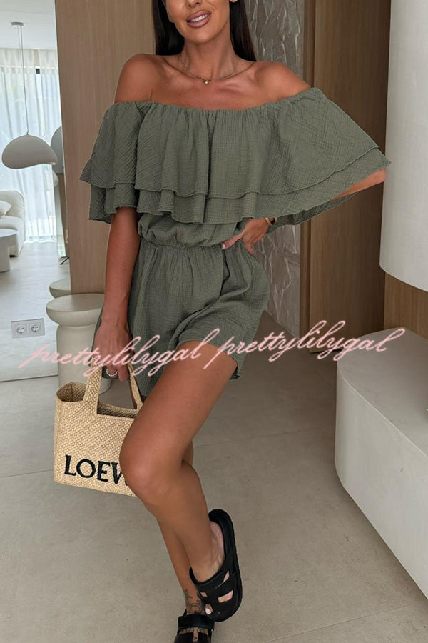 Solid Color Off-shoulder Ruffled Casual Waist Rompers