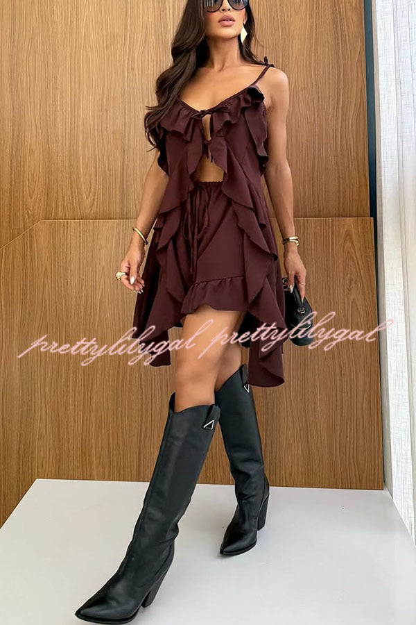 Beauty of Flow Ruffles Tie-up Slit Midi Top and Elastic Waist Shorts Set