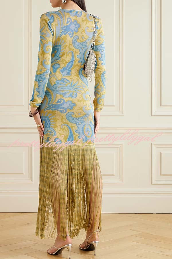 Golden Age Knit Paisley Print Long Sleeve Tassle Hem Maxi Dress