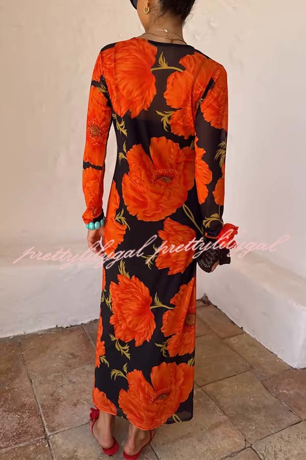 Perfect Cross-season Mesh Poppy Flower Print Long Sleeve Stretch Maxi Dress