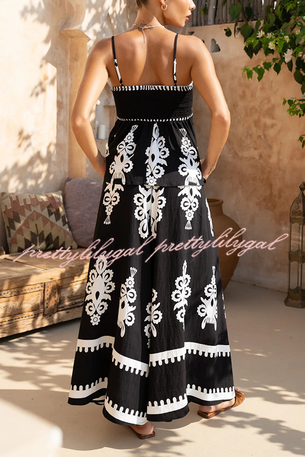 Unique Ethnic Print Suspender Pleated Top and Elastic Waist Loose Wide-leg Pants Set