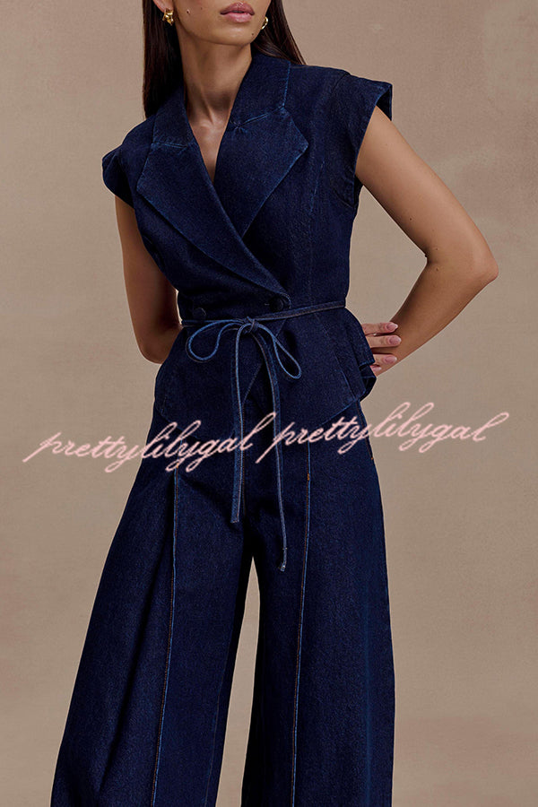 Charley Denim Button Up Cap Short Sleeve Structured Tie-up Lapel Top