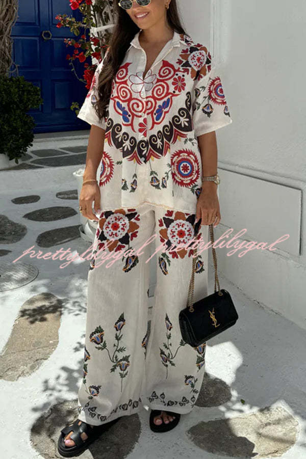 Fiji Ethnic Unique Printed Casual Shirt and Elastic Waist Wide Leg Pants Set