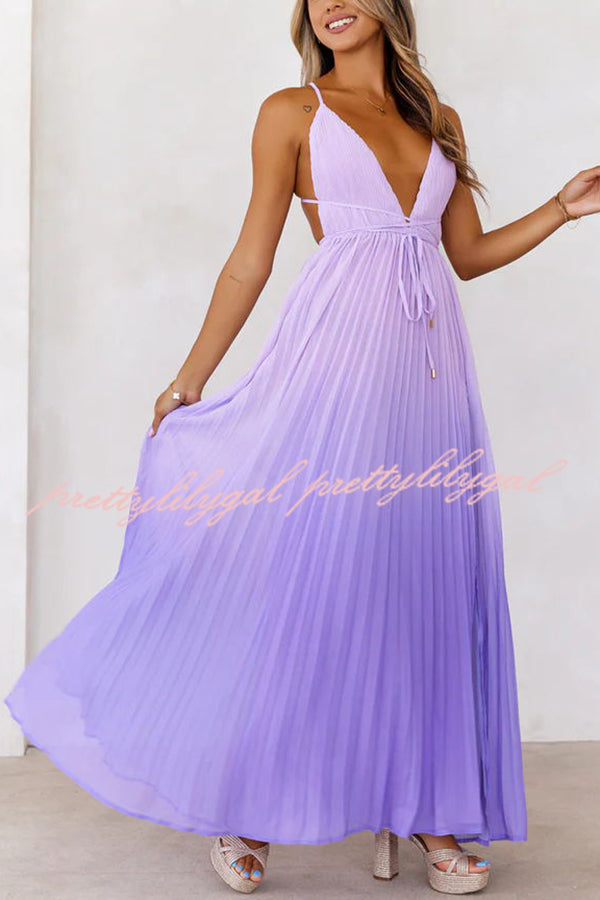 Love Letter To You Pleated Gradient Print Back Tie-up Slit Maxi Dress